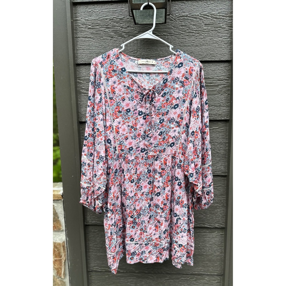 Natural Life Floral Boho Mini Dress Pink Blue Lace Trim V-Neck Tie Medium